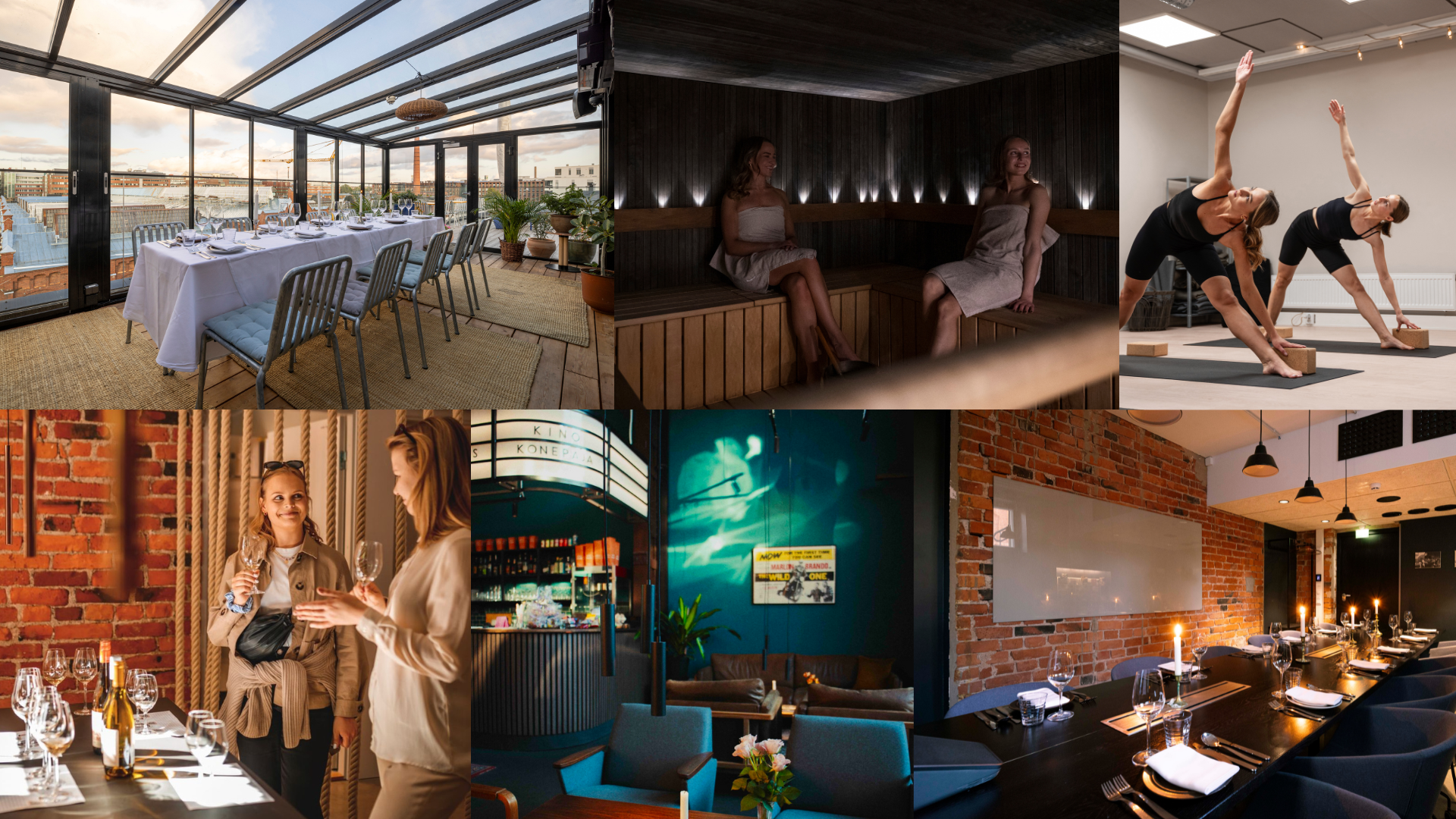 Kooste kuvia, jossa on erilaisia aktiviteetteja, joita löytyy The Folks Hotel Konepajalta