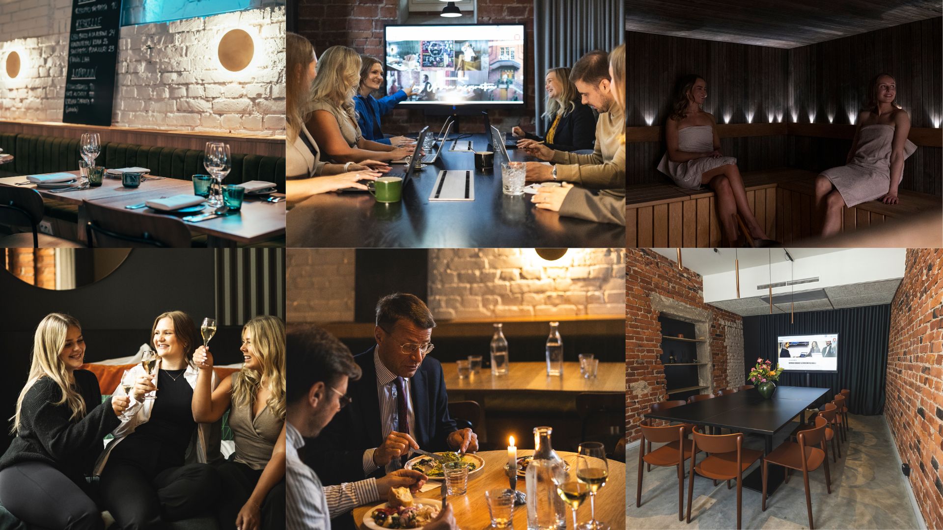 Pikkujoulut Folksilla – Folks Hotels Collage of a stylish social and business venue: dining, a group meeting with laptops, spa saunas, and people toasting with wine in a brick-walled space.