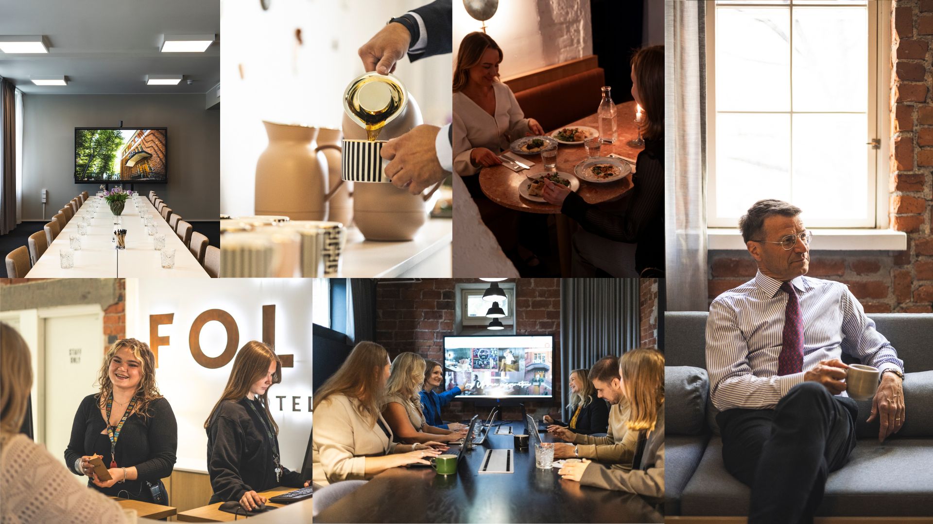 Collage of workplace scenes: a long conference table with chairs, coffee pour, dining with colleagues, a bright window, and people using laptops.